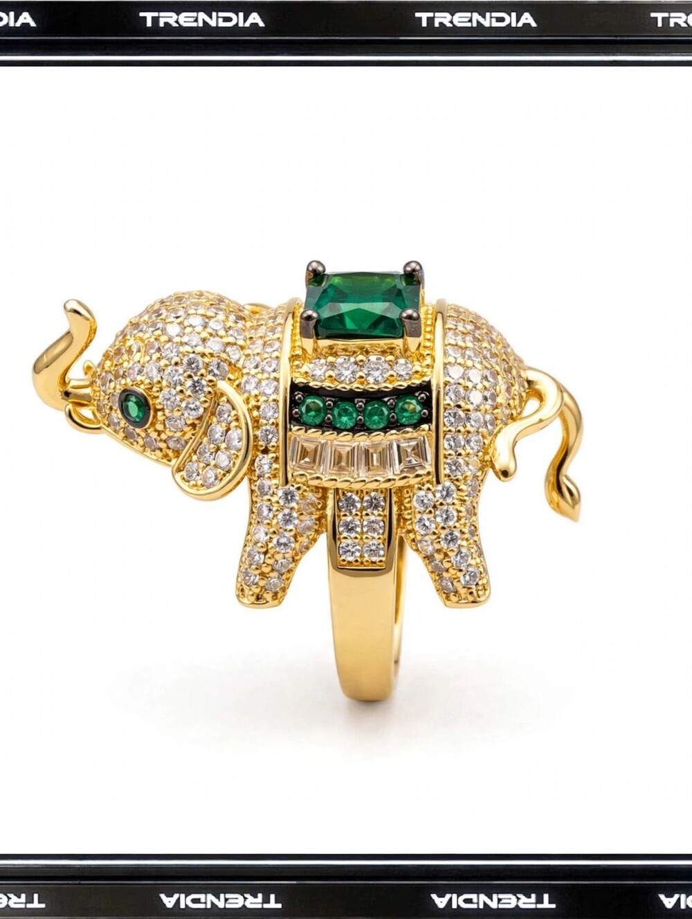 Gold Elephant Ring with Green Gemstone Accents - Women Jewelry